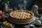 Classic American apple pie, golden crust with a lattice top, steam rising, on a rustic table