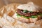 Classic american burger, fast food on wood background