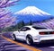 Classic american muscle car at the volcano on a road with plum trees