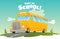 Classic american old school bus. Back to school. Ride on road. Free travel. Color vector school banner