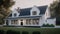 Classic American suburban modern farmhouse. Two story, white siding walls, dark shingle roof, spacious porch, neatly