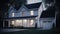 Classic American suburban modern farmhouse. Two story, white siding walls, dark shingle roof, spacious porch, neatly