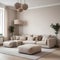 A classic apartment with a beige corner sofa and poufs