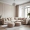 A classic apartment with a beige corner sofa and poufs