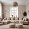 A classic apartment with a beige corner sofa and poufs