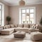 A classic apartment with a beige corner sofa and poufs