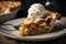 A classic apple pie with a golden, flaky crust and sweet, cinnamon-spiced filling, served with a dollop of whipped cream.