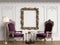 Classic armchairs in classic interior with empty classic frame on the wall