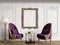 Classic armchairs in classic interior with empty classic frame on the wall