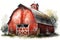 Classic Barnyard Art, Red Barn Watercolor Illustration, Isolated on White Background - Generative AI
