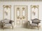 Classic baroque armchais in classic interior. Walls wth moldings and decorated cornice