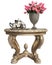 Classic baroque carved table with bouquet of roses and coffee silver set isolated on white background