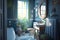 Classic bathroom with bathtub and plants. Green walls. Real estate. Renovation company. Home improvement. Home enhancement. Real e