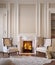 Classic beige interior with fireplace, armchairs, moldings, wall pannel, carpet, fur.