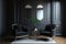 Classic black modern interior empty room with lounge armchairs, table and mirrors.hyperrealism, photorealism, photorealistic