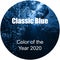 Classic Blue color of the year 2020 inscription on a round background.