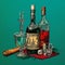 Classic Bottle Of Liquor And Found Objects Drawing On Teal Background