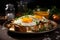 Classic breakfast scene with fried eggs beautifully displayed on the table