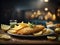 Classic British fish and chips, perfectly crispy and flavorful batter, cinematic
