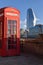 Classic British Red Telephone Booth Telephone Box in London in Sunny Weather