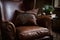 classic brown leather chair, with subtle stitching details and plush throw pillow