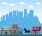 Classic buildings and horses carriage over urban city background