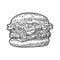 Classic burger include cutlet, tomato, cucumber, salad. Vector vintage engraving