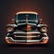 a classic car with a black and orange stripe on the front of it\\\'s hood and headlights