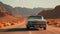 A classic car driving down a desert road. AI generative image.