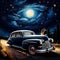 Classic Car Driving Under Starry Night Sky