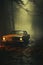 classic car with headlights on road in autumn in the fog in a foggy forest at twilight. The mystical atmosphere of a