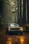 classic car with headlights on road in autumn in the fog in a foggy forest at twilight. The mystical atmosphere of a