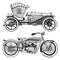 Classic car, machine or engine and motorcycle or motorbike illustration. engraved hand drawn in old sketch style