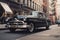 classic car parked on bustling city street, with vintage lines and modern technology