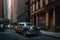 classic car, parked on city street, surrounded by modern buildings and traffic