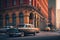 classic car, parked on city street, surrounded by modern buildings and traffic