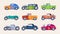 Classic cars. Vintage tuning vehicles colored cars old style models fast movements garish vector illustrations set