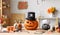 Classic carven spooky jack o lantern in pirate hat standing on wooden table