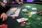 Classic casino blackjack table with chips and cards