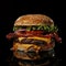 Classic cheeseburger with bacon and juicy beef patty, melted cheese, crispy bacon, lettuce, tomato, onion, and a sesame seed bun.