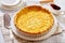 Classic chess pie in baking dish, top view