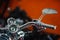 Classic chrome . Motorcycle handle. The gas lever on the chopper. Speed dialing. Details of the motorcycle close-up. Motorcycle