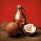 Classic Coconut Water Bottle With Bronze Drawing On Red Background