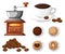 Classic coffee grinder with a bunch of coffee beans manual coffee mill and a cup of coffee cup vector illustration isolated on whi