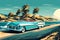 A classic convertible car from the 1950s cruising along a winding coastal road, with the azure sea stretching to the horizon