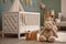 Classic crib in a serene baby room, adorned with toys, a soft carpet, and a woven basket