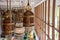 Classic crystal and wood chandelier in luxury hotel