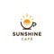 Classic cup line coffee logo with sunrise, sunset and sea water in modern outline style vector icon template , for cafe resto