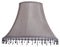 Classic cut corner bell shaped grey tapered lampshade with a beaded fringe on a white background isolated close up shot