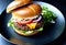 classic delicious cheeseburger with cheese, in a black plate on a white background, fast food and delicious cuisine,